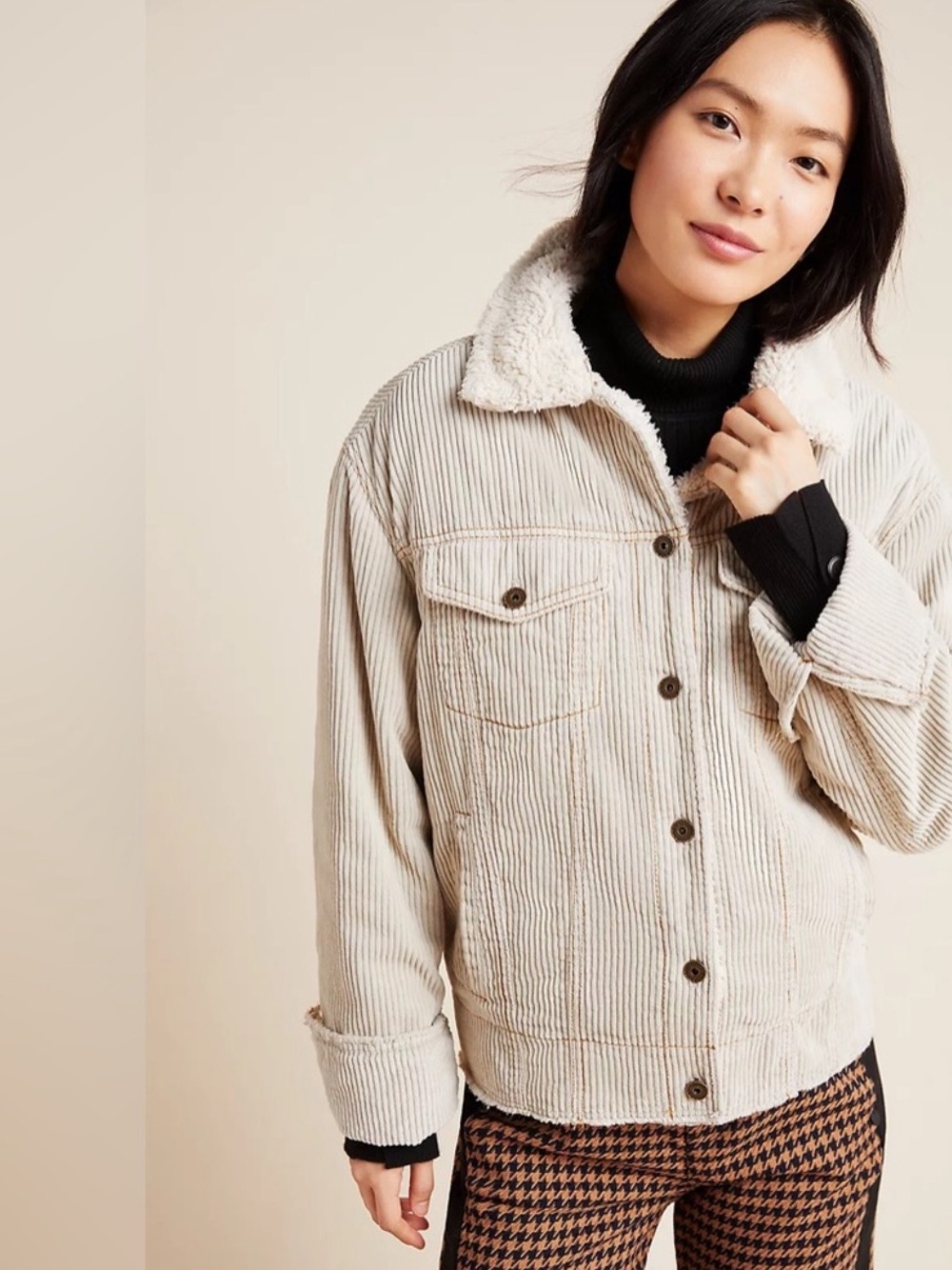 Marrakech Women's Cream Corduroy Sherpa-Lined Jean Jacket